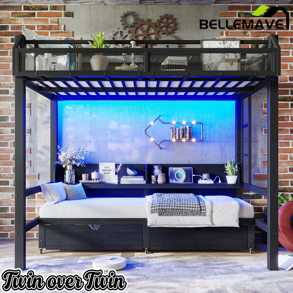 Bellemave® Twin Over Twin Bunk Bed with 2 Drawers, Shelves, LED Lights & USB Ports, the Lower Can be Converted into Sofa, Black - Bellemave