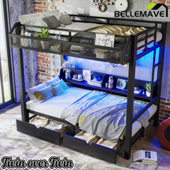 Bellemave® Twin Over Twin Bunk Bed with 2 Drawers, Shelves, LED Lights & USB Ports, the Lower Can be Converted into Sofa, Black - Bellemave