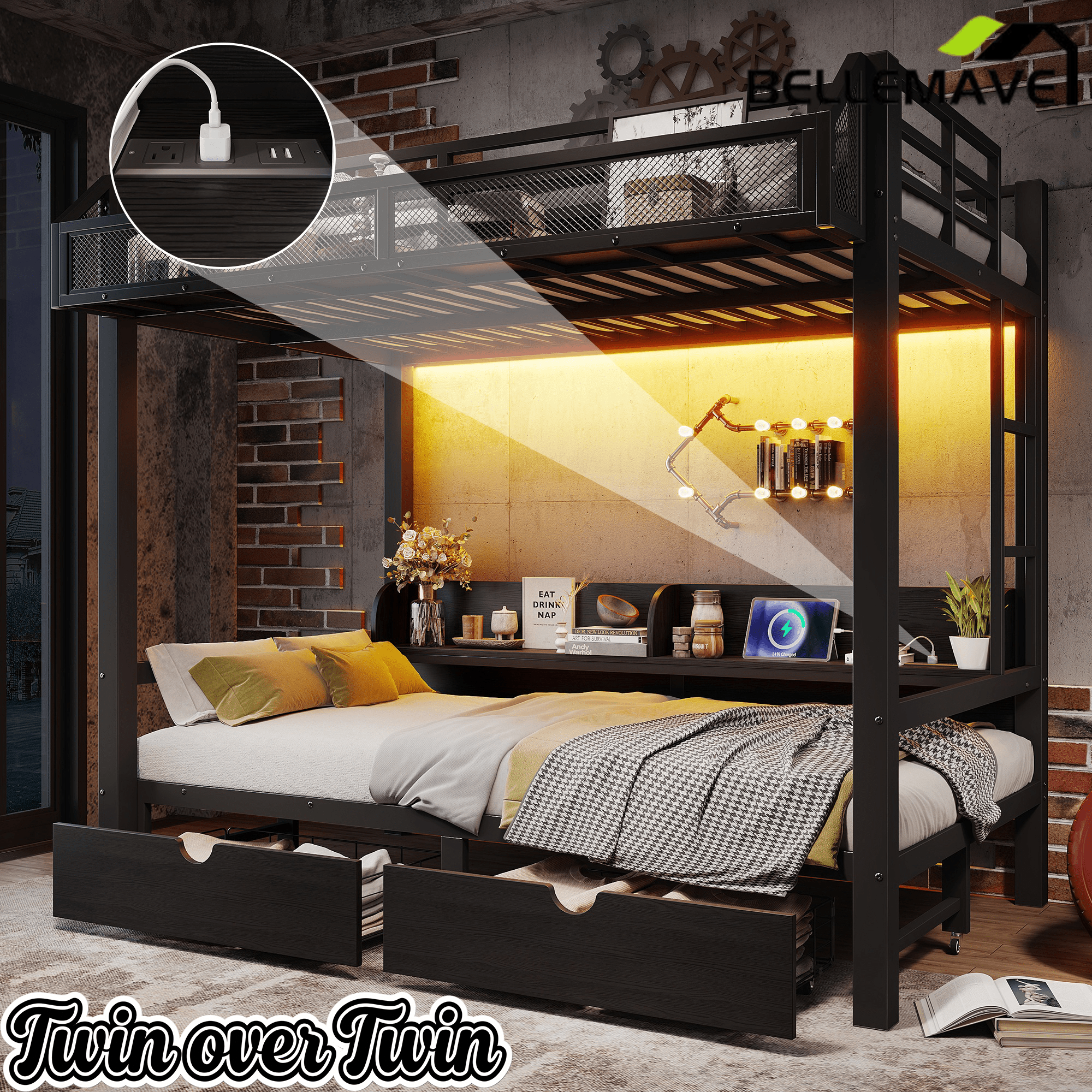 Bellemave® Twin Over Twin Bunk Bed with 2 Drawers, Shelves, LED Lights & USB Ports, the Lower Can be Converted into Sofa, Black - Bellemave
