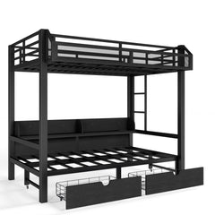 Bellemave® Twin Over Twin Bunk Bed with 2 Drawers, Shelves, LED Lights & USB Ports, the Lower Can be Converted into Sofa, Black - Bellemave