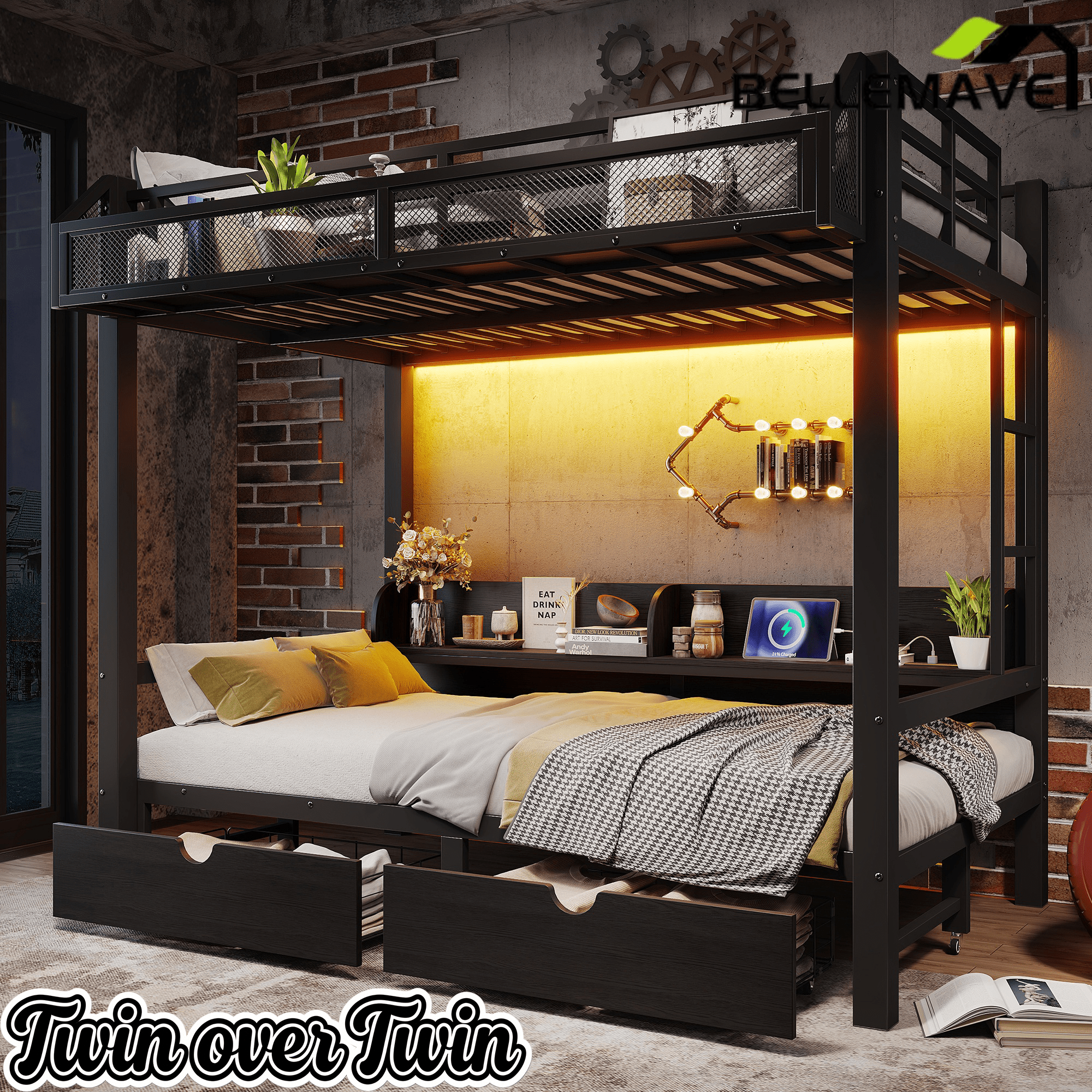 Bellemave® Twin Over Twin Bunk Bed with 2 Drawers, Shelves, LED Lights & USB Ports, the Lower Can be Converted into Sofa, Black - Bellemave