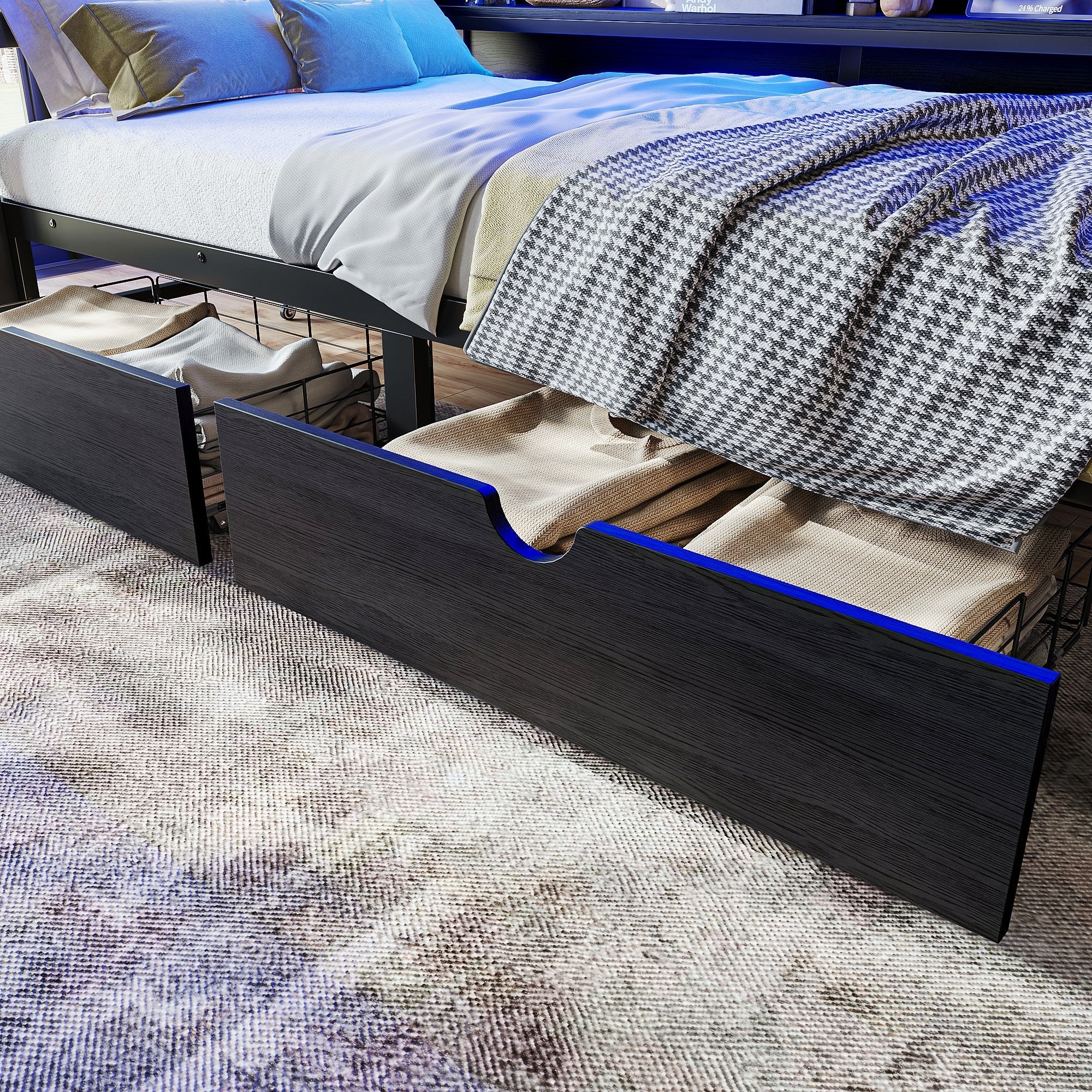 Bellemave® Twin Over Twin Bunk Bed with 2 Drawers, Shelves, LED Lights & USB Ports, the Lower Can be Converted into Sofa, Black - Bellemave