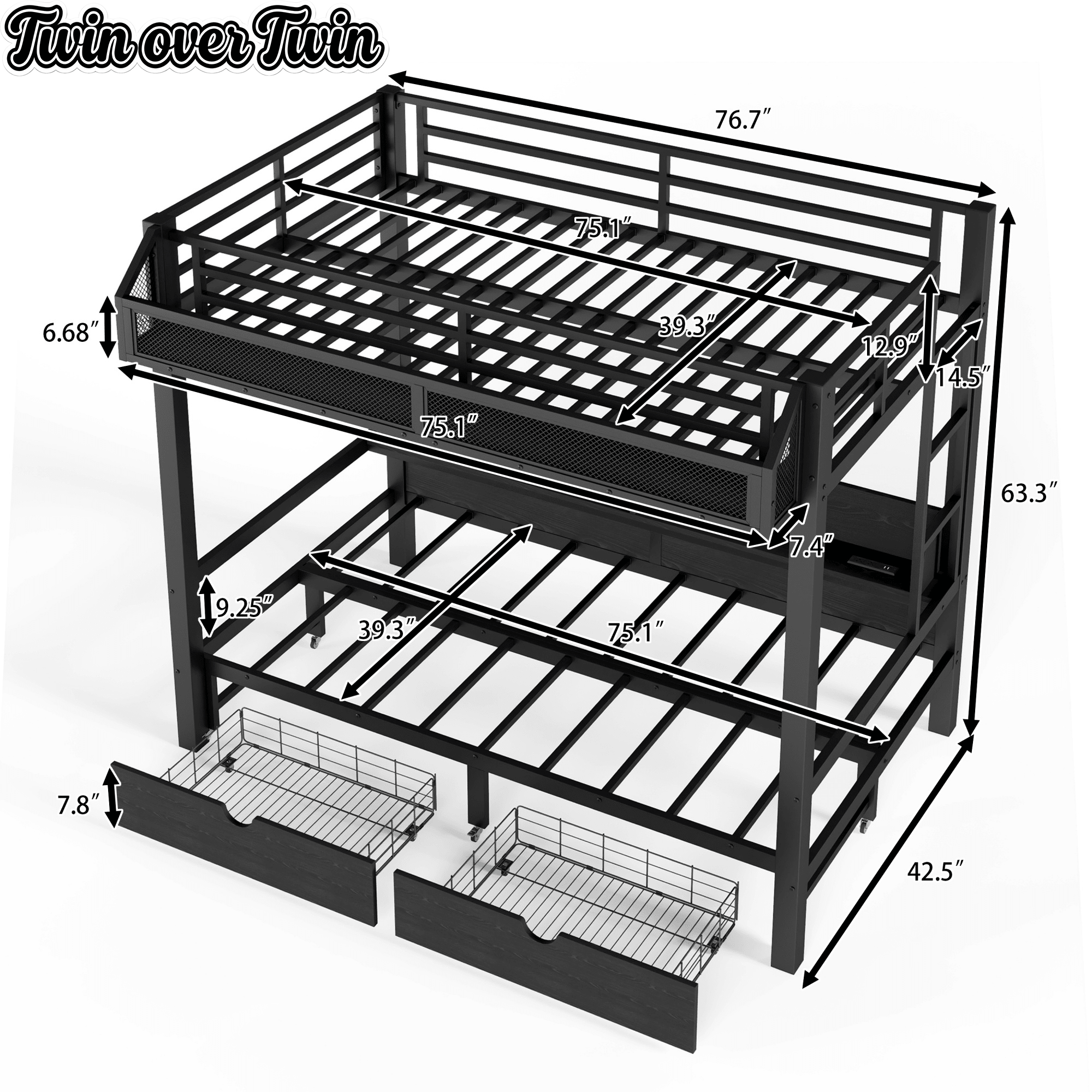 Bellemave® Twin Over Twin Bunk Bed with 2 Drawers, Shelves, LED Lights & USB Ports, the Lower Can be Converted into Sofa, Black - Bellemave