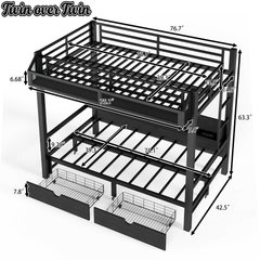 Bellemave® Twin Over Twin Bunk Bed with 2 Drawers, Shelves, LED Lights & USB Ports, the Lower Can be Converted into Sofa, Black - Bellemave