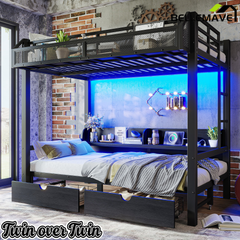 Bellemave® Twin Over Twin Bunk Bed with 2 Drawers, Shelves, LED Lights & USB Ports, the Lower Can be Converted into Sofa, Black - Bellemave