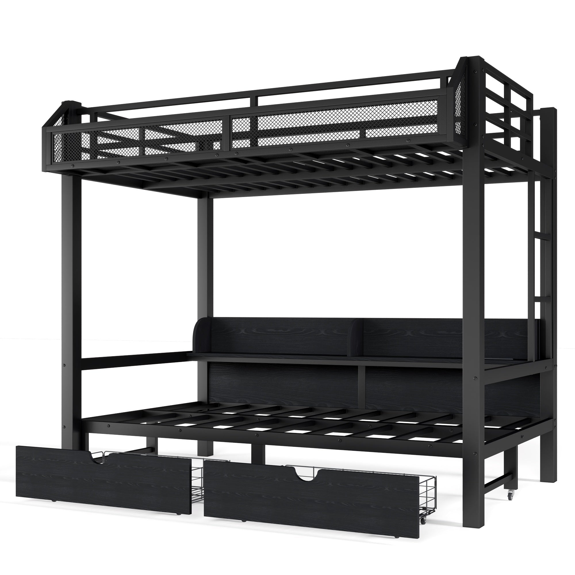 Bellemave® Twin Over Twin Bunk Bed with 2 Drawers, Shelves, LED Lights & USB Ports, the Lower Can be Converted into Sofa, Black - Bellemave