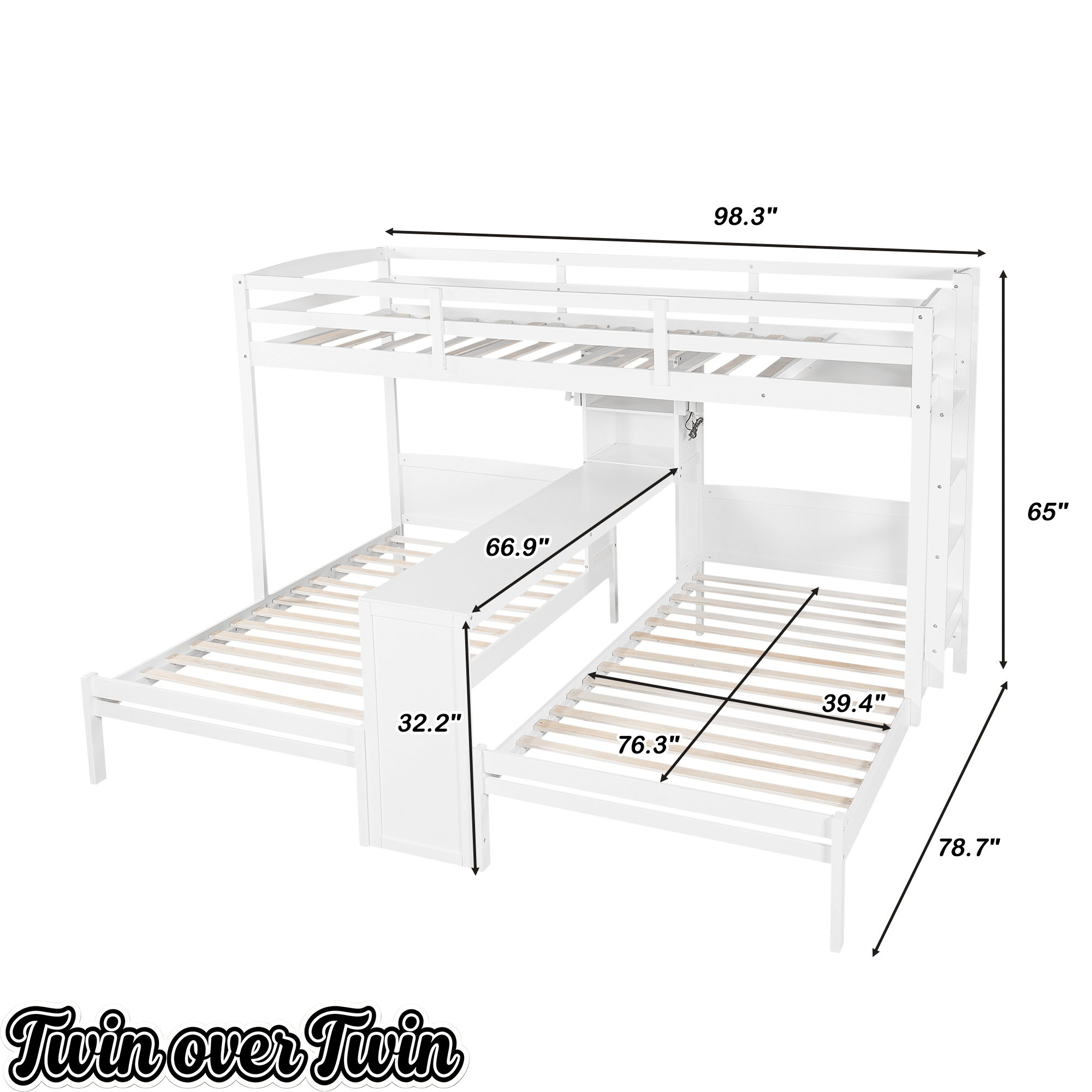 Bellemave® Twin Over Twin Bunk Bed with Desk, Storage Shelves, Reading Lamp & Guardrails | Solid Wood Triple Bunk Bed - Bellemave