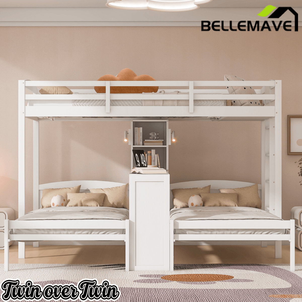Bellemave® Twin Over Twin Bunk Bed with Desk, Storage Shelves, Reading Lamp & Guardrails | Solid Wood Triple Bunk Bed - Bellemave