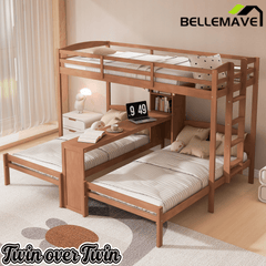 Bellemave® Twin Over Twin Bunk Bed with Desk, Storage Shelves, Reading Lamp & Guardrails | Solid Wood Triple Bunk Bed - Bellemave
