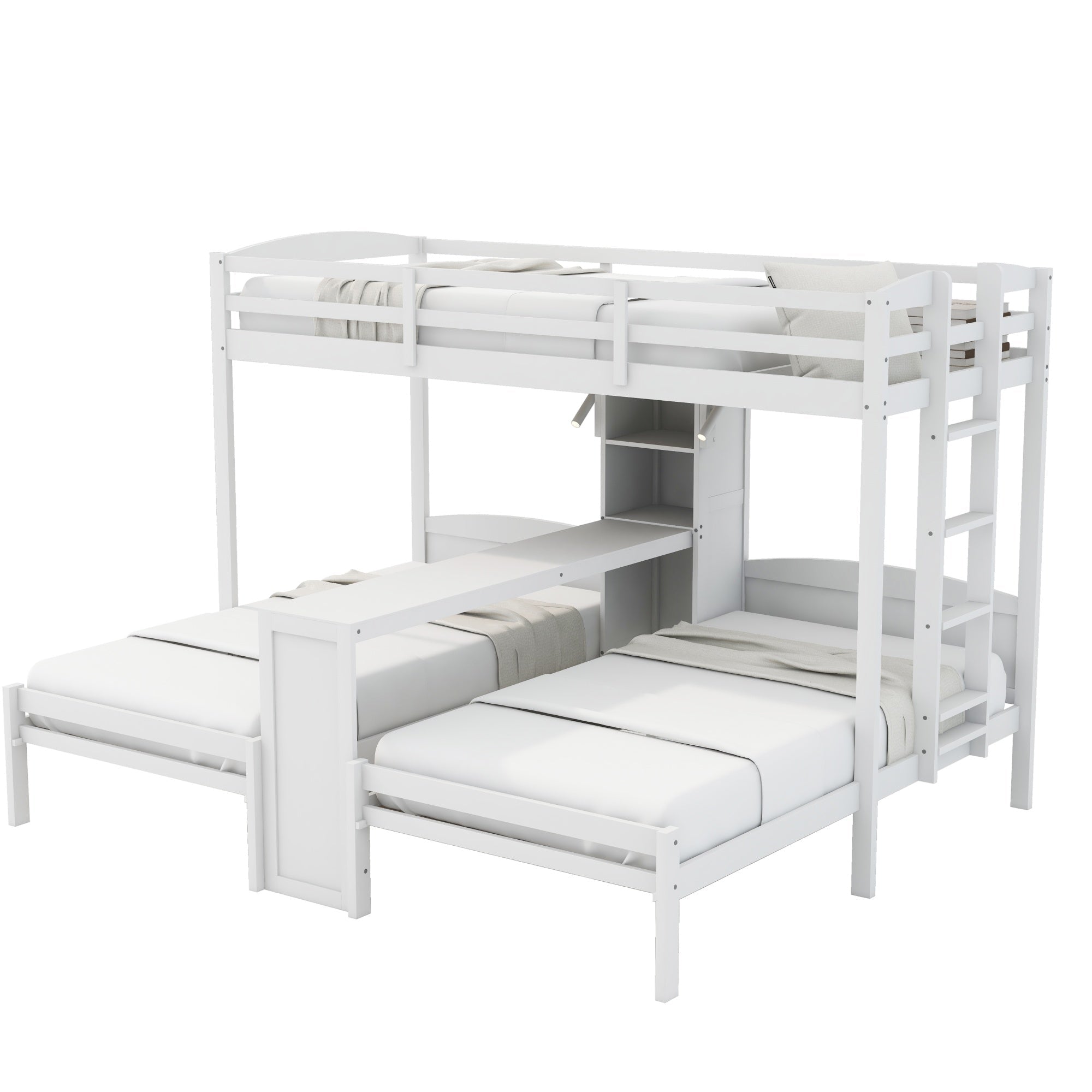 Bellemave® Twin Over Twin Bunk Bed with Desk, Storage Shelves, Reading Lamp & Guardrails | Solid Wood Triple Bunk Bed - Bellemave