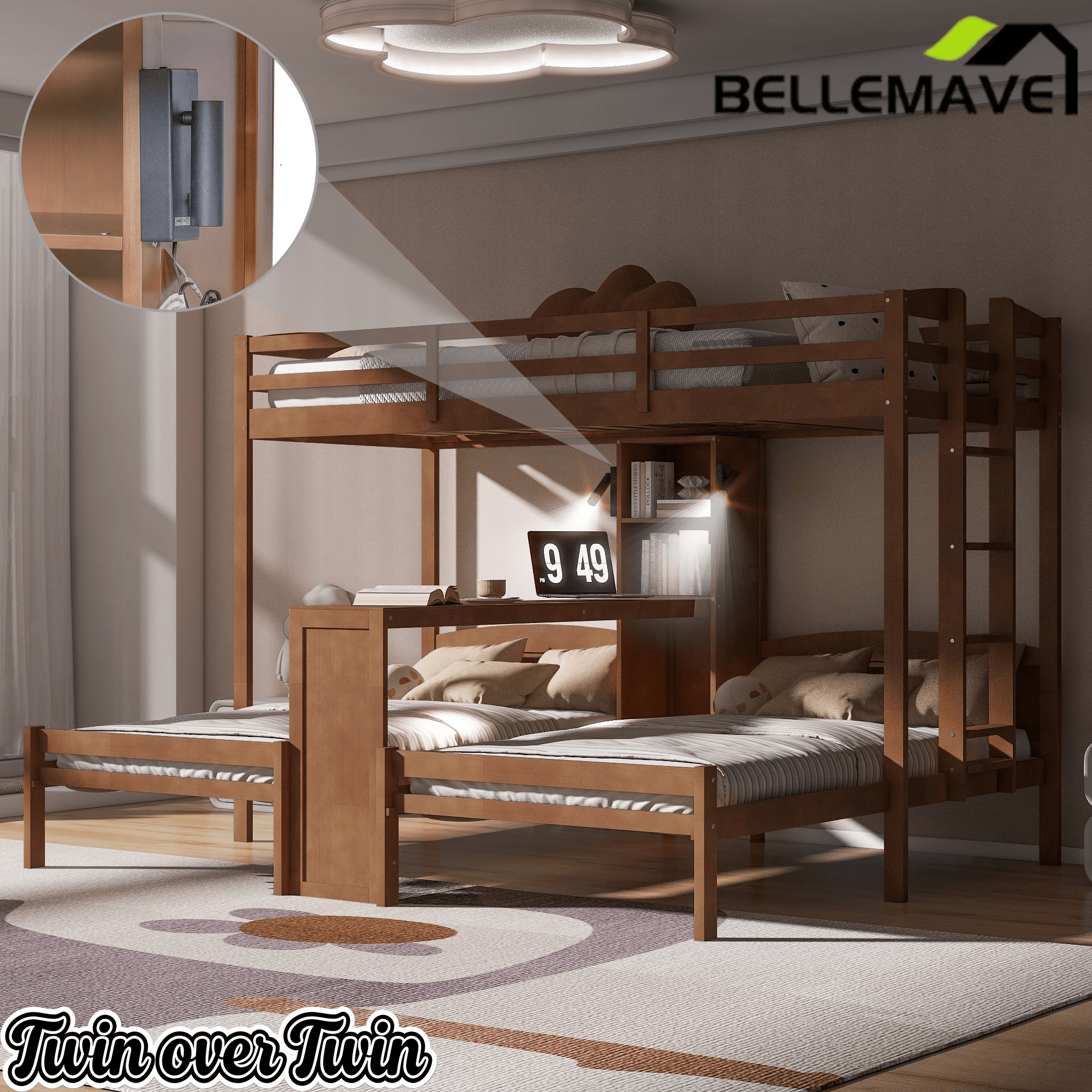 Bellemave® Twin Over Twin Bunk Bed with Desk, Storage Shelves, Reading Lamp & Guardrails | Solid Wood Triple Bunk Bed - Bellemave