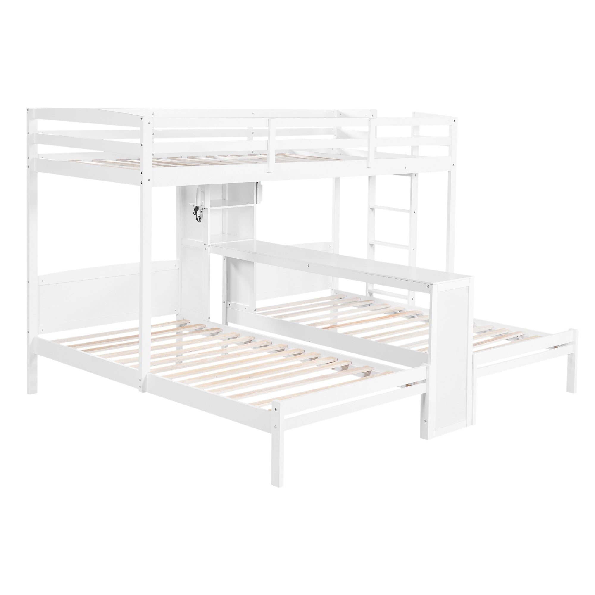 Bellemave® Twin Over Twin Bunk Bed with Desk, Storage Shelves, Reading Lamp & Guardrails | Solid Wood Triple Bunk Bed - Bellemave