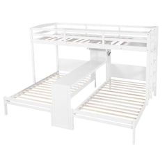 Bellemave® Twin Over Twin Bunk Bed with Desk, Storage Shelves, Reading Lamp & Guardrails | Solid Wood Triple Bunk Bed - Bellemave