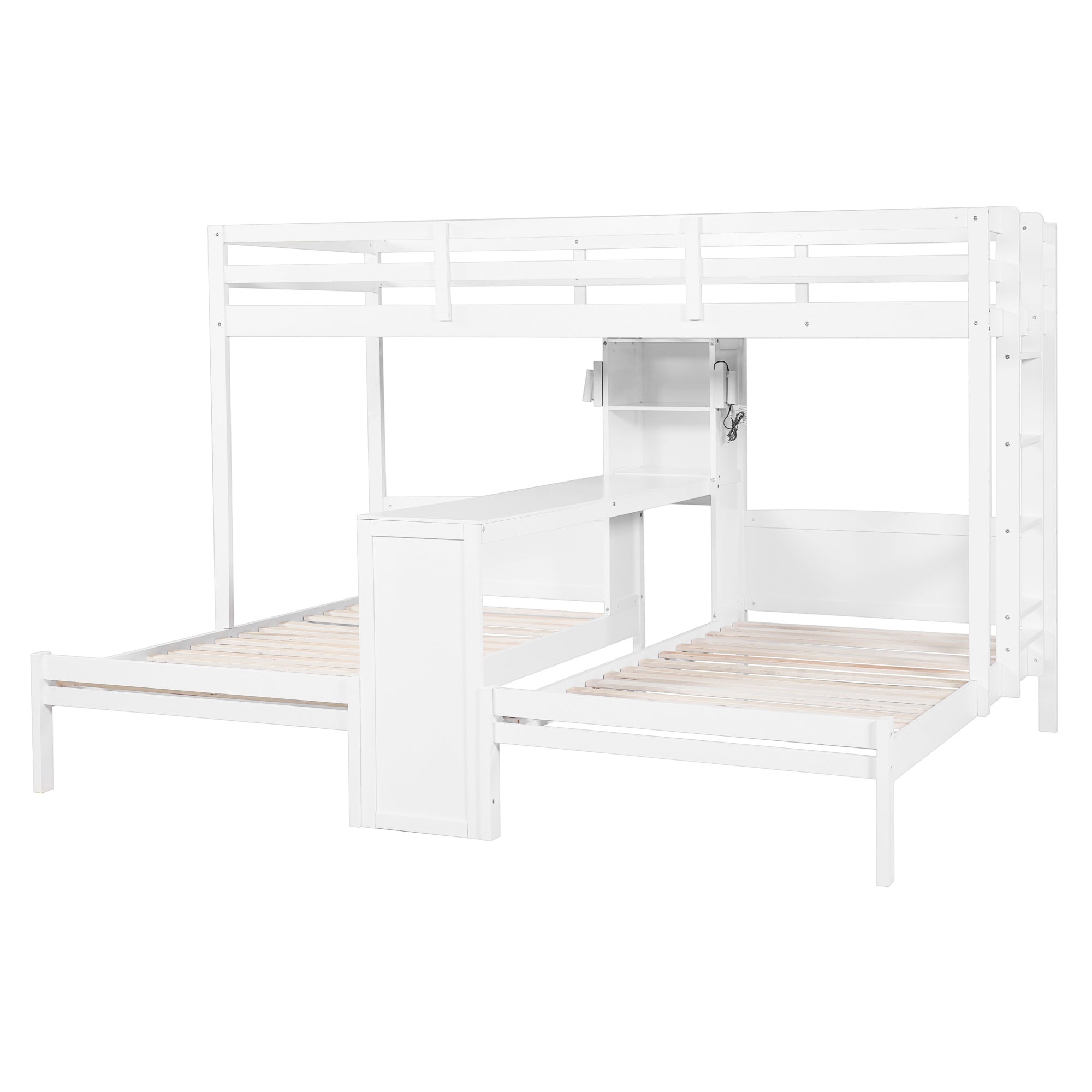 Bellemave® Twin Over Twin Bunk Bed with Desk, Storage Shelves, Reading Lamp & Guardrails | Solid Wood Triple Bunk Bed - Bellemave