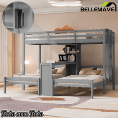 Bellemave® Twin Over Twin Bunk Bed with Desk, Storage Shelves, Reading Lamp & Guardrails | Solid Wood Triple Bunk Bed - Bellemave