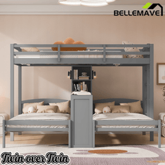 Bellemave® Twin Over Twin Bunk Bed with Desk, Storage Shelves, Reading Lamp & Guardrails | Solid Wood Triple Bunk Bed - Bellemave