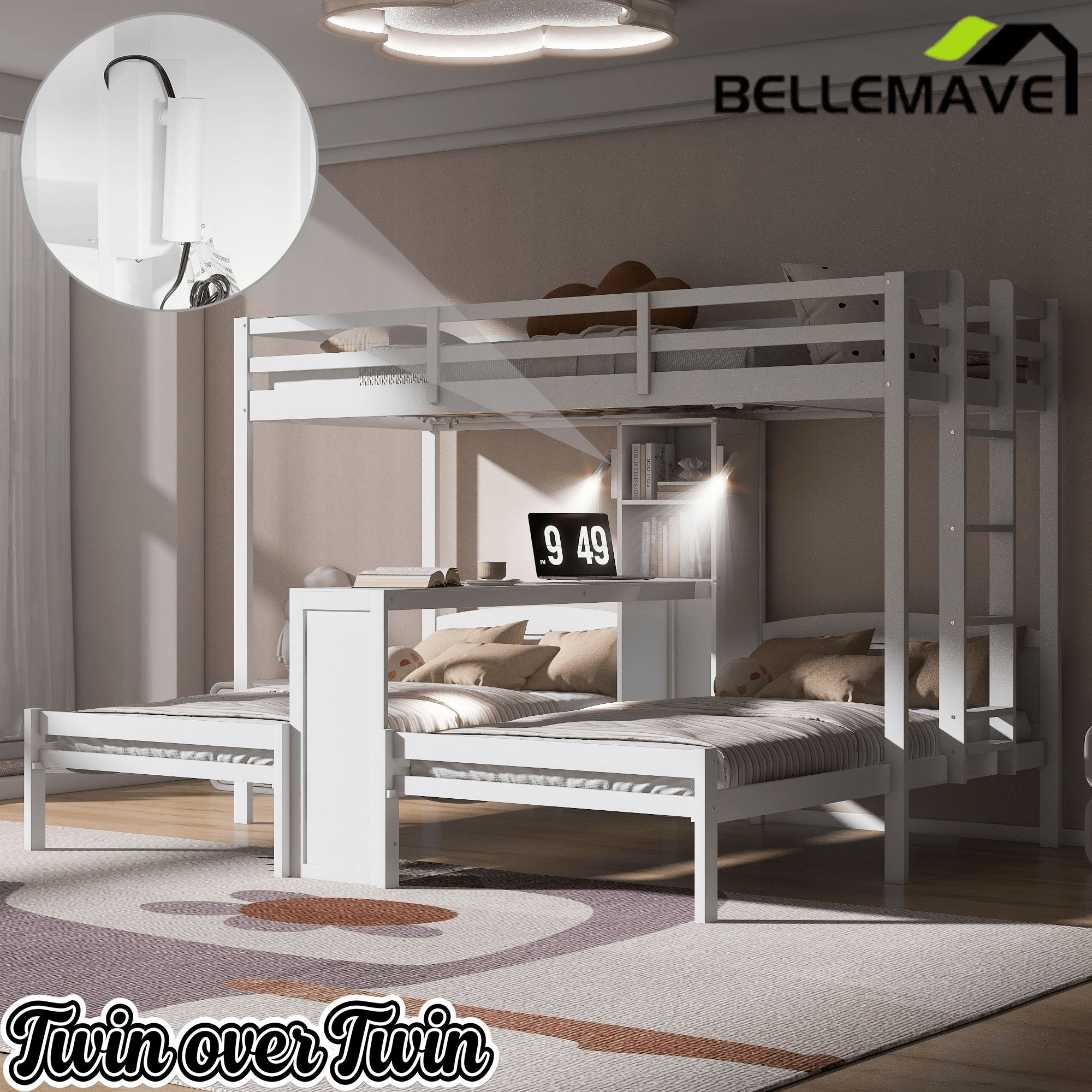 Bellemave® Twin Over Twin Bunk Bed with Desk, Storage Shelves, Reading Lamp & Guardrails | Solid Wood Triple Bunk Bed - Bellemave