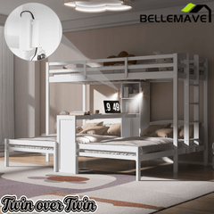 Bellemave® Twin Over Twin Bunk Bed with Desk, Storage Shelves, Reading Lamp & Guardrails | Solid Wood Triple Bunk Bed - Bellemave