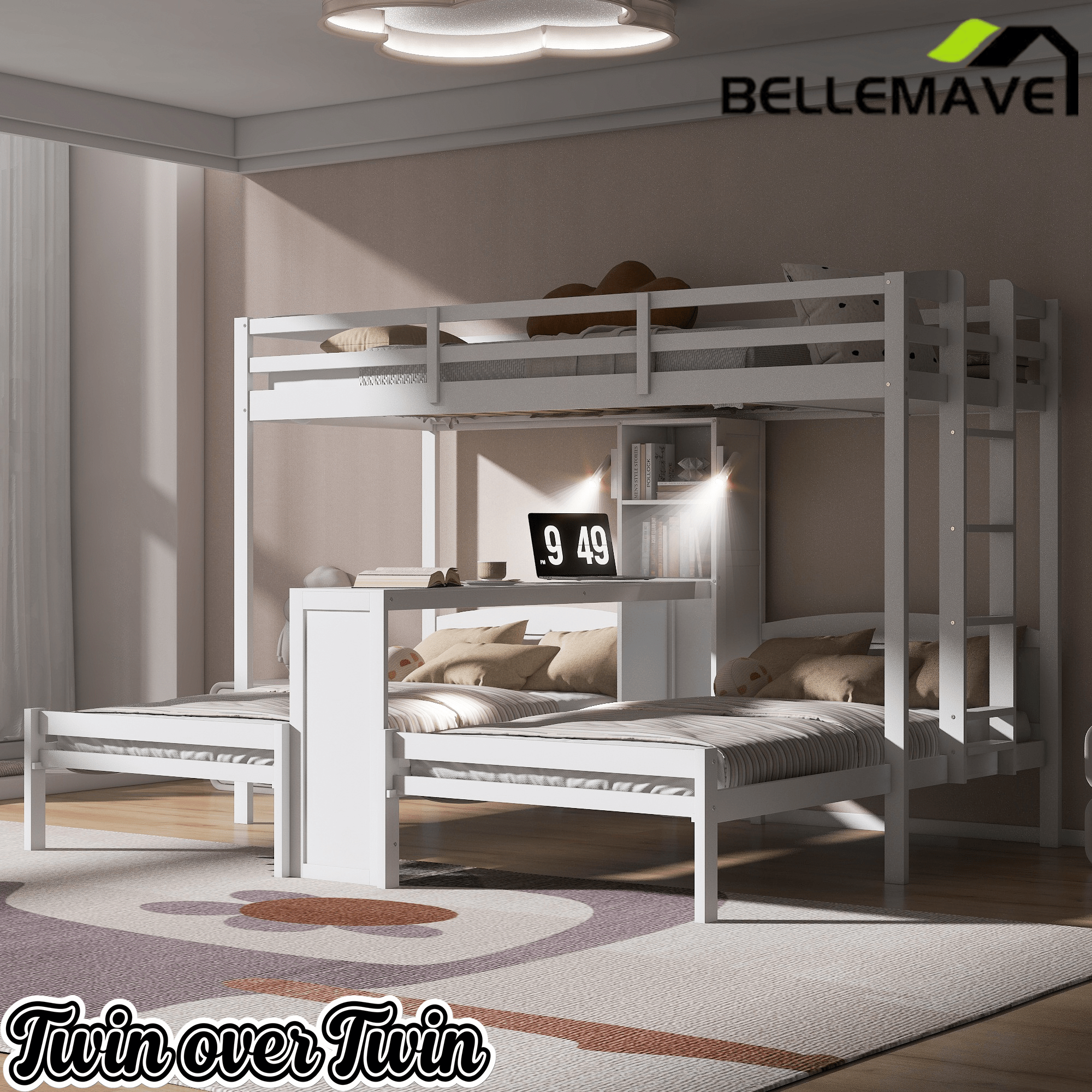 Bellemave® Twin Over Twin Bunk Bed with Desk, Storage Shelves, Reading Lamp & Guardrails | Solid Wood Triple Bunk Bed - Bellemave