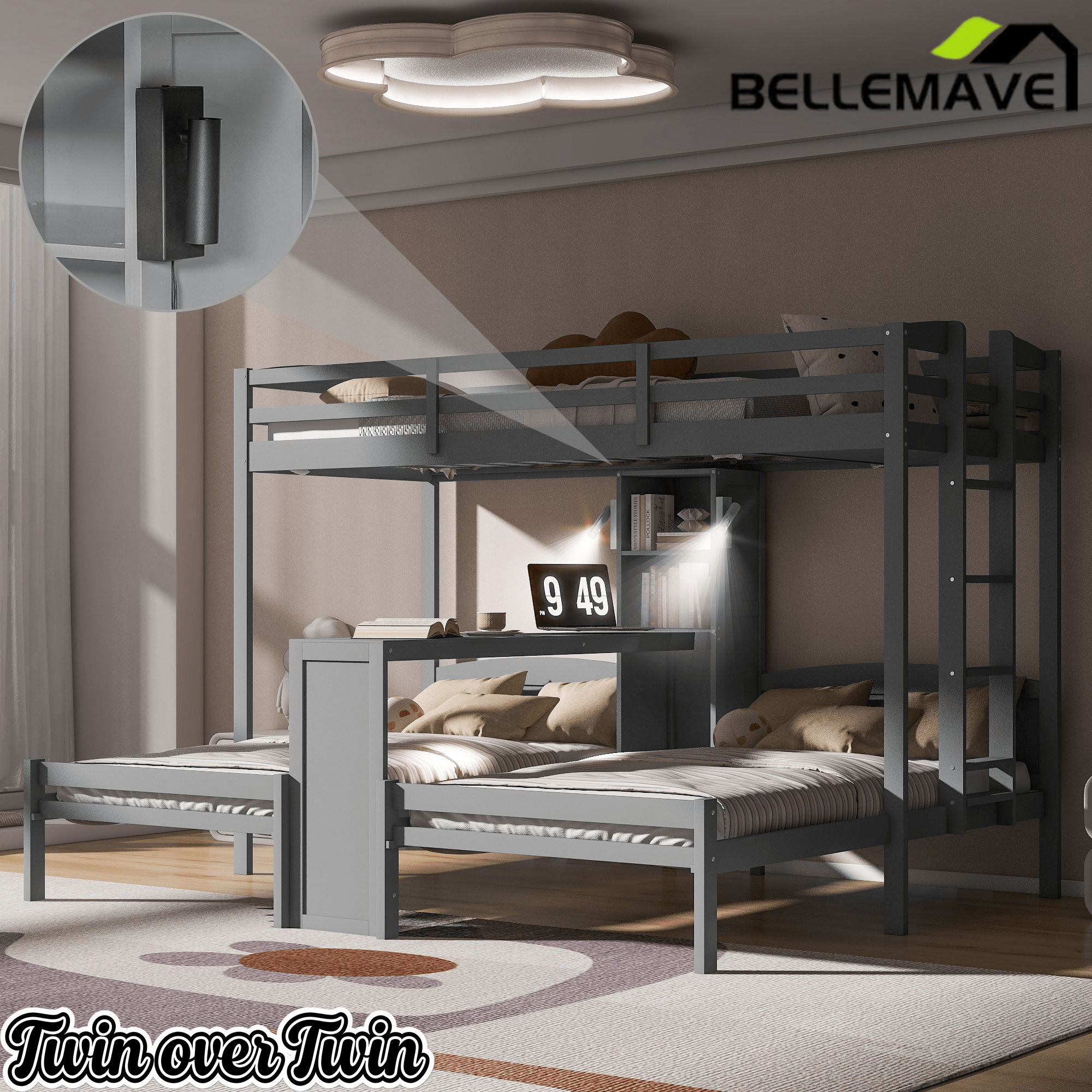 Bellemave® Twin Over Twin Bunk Bed with Desk, Storage Shelves, Reading Lamp & Guardrails | Solid Wood Triple Bunk Bed - Bellemave