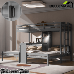 Bellemave® Twin Over Twin Bunk Bed with Desk, Storage Shelves, Reading Lamp & Guardrails | Solid Wood Triple Bunk Bed - Bellemave