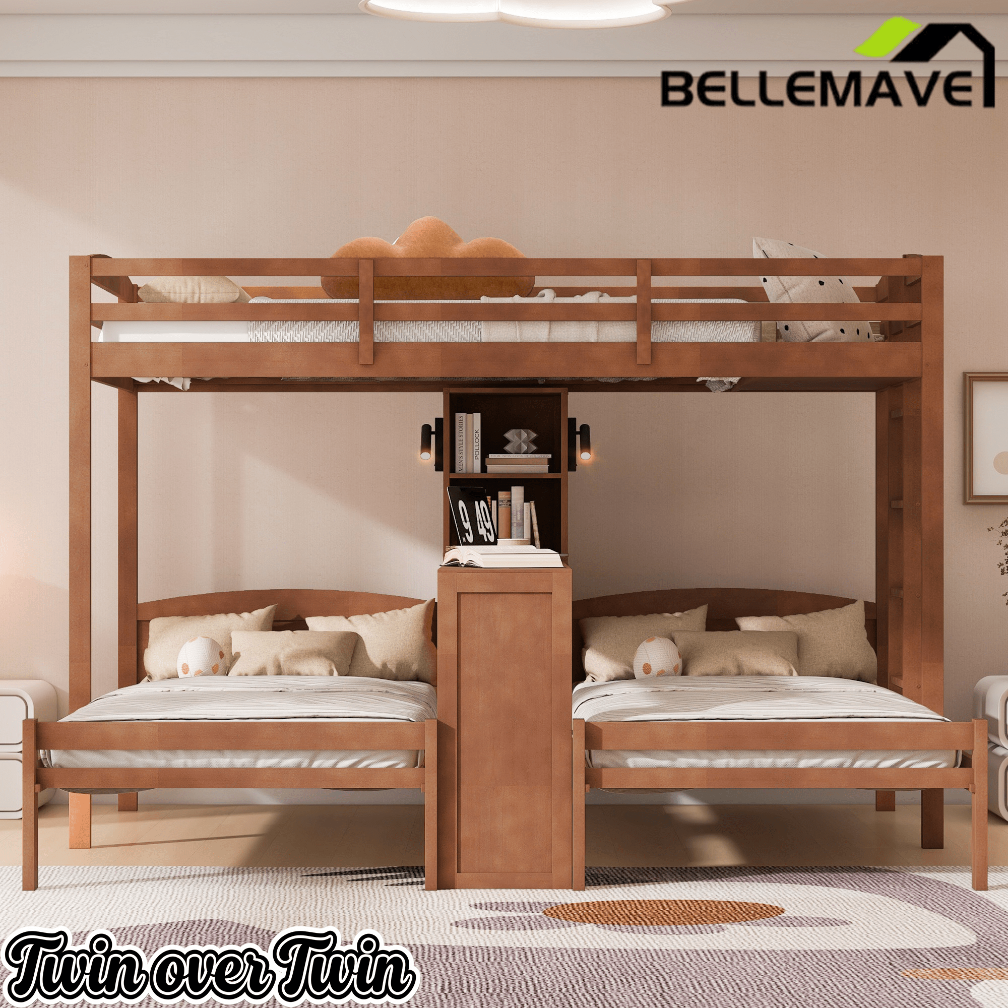 Bellemave® Twin Over Twin Bunk Bed with Desk, Storage Shelves, Reading Lamp & Guardrails | Solid Wood Triple Bunk Bed - Bellemave