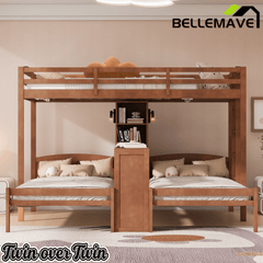 Bellemave® Twin Over Twin Bunk Bed with Desk, Storage Shelves, Reading Lamp & Guardrails | Solid Wood Triple Bunk Bed - Bellemave