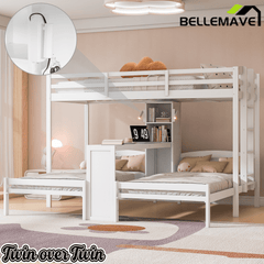 Bellemave® Twin Over Twin Bunk Bed with Desk, Storage Shelves, Reading Lamp & Guardrails | Solid Wood Triple Bunk Bed - Bellemave