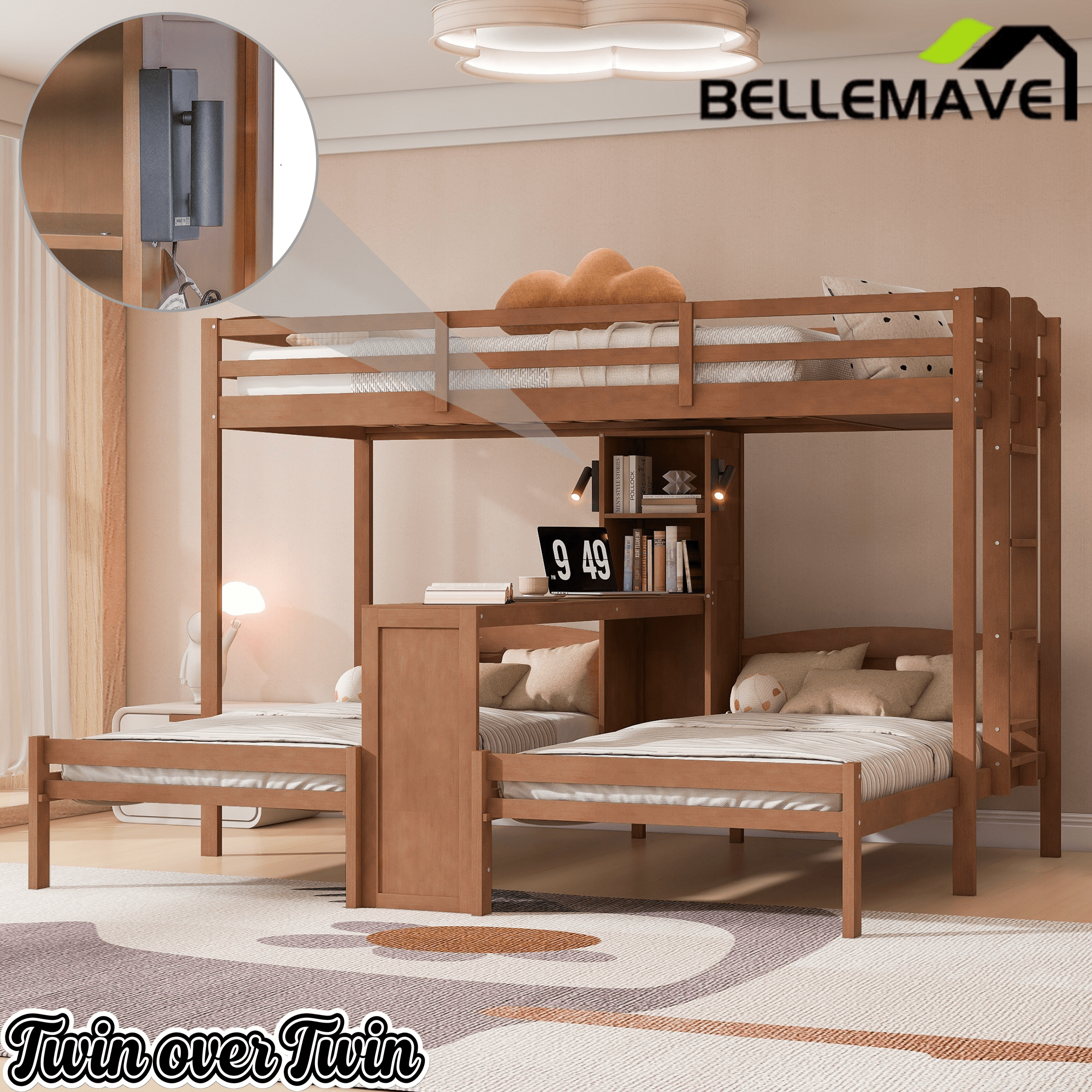 Bellemave® Twin Over Twin Bunk Bed with Desk, Storage Shelves, Reading Lamp & Guardrails | Solid Wood Triple Bunk Bed - Bellemave