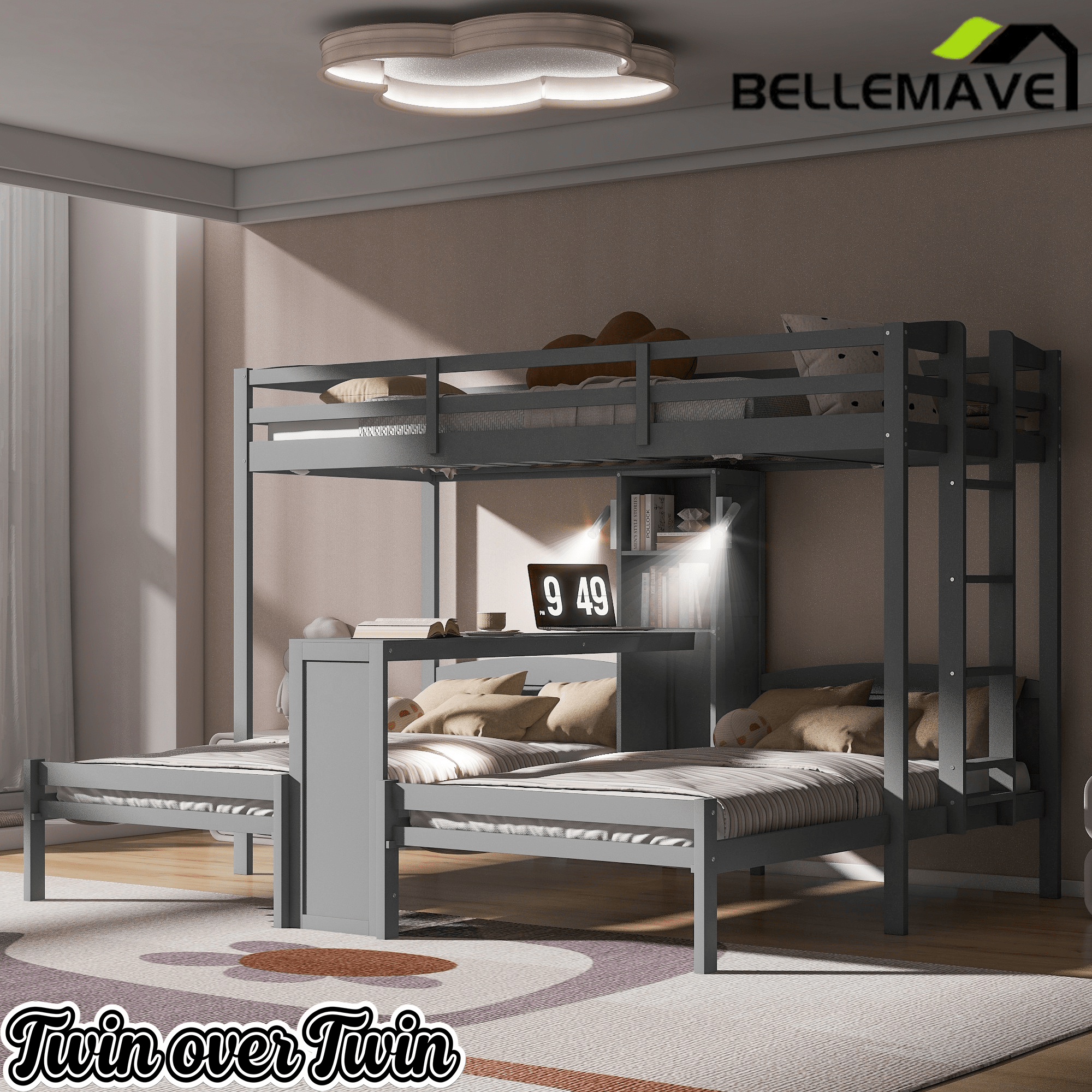 Bellemave® Twin Over Twin Bunk Bed with Desk, Storage Shelves, Reading Lamp & Guardrails | Solid Wood Triple Bunk Bed - Bellemave