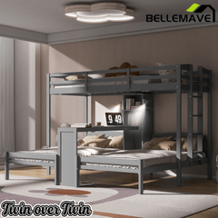 Bellemave® Twin Over Twin Bunk Bed with Desk, Storage Shelves, Reading Lamp & Guardrails | Solid Wood Triple Bunk Bed - Bellemave