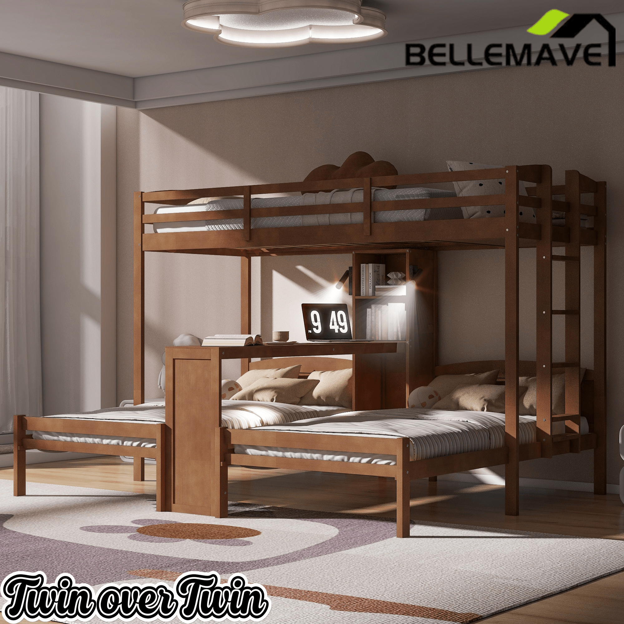 Bellemave® Twin Over Twin Bunk Bed with Desk, Storage Shelves, Reading Lamp & Guardrails | Solid Wood Triple Bunk Bed - Bellemave