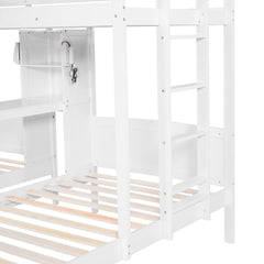 Bellemave® Twin Over Twin Bunk Bed with Desk, Storage Shelves, Reading Lamp & Guardrails | Solid Wood Triple Bunk Bed - Bellemave