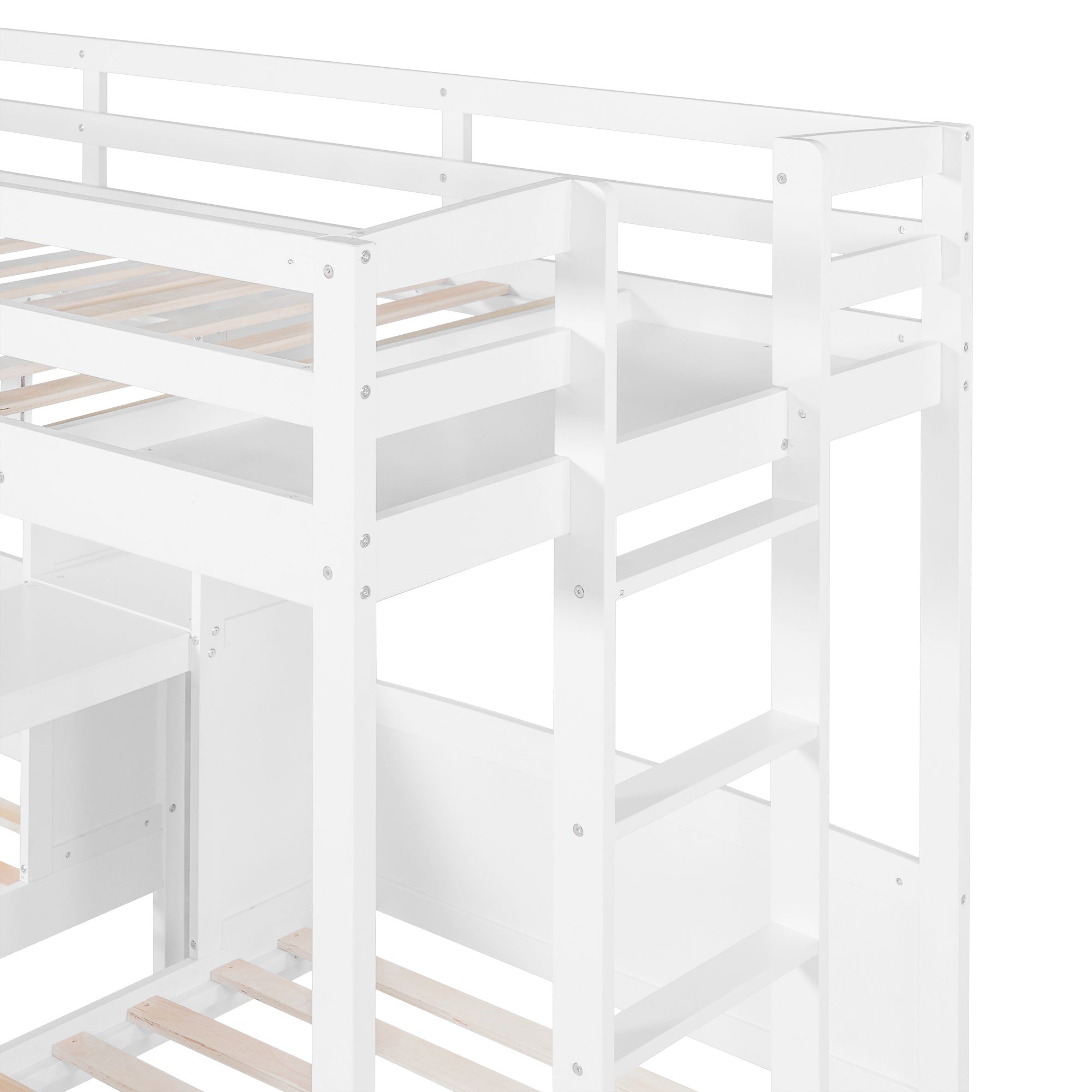 Bellemave® Twin Over Twin Bunk Bed with Desk, Storage Shelves, Reading Lamp & Guardrails | Solid Wood Triple Bunk Bed - Bellemave