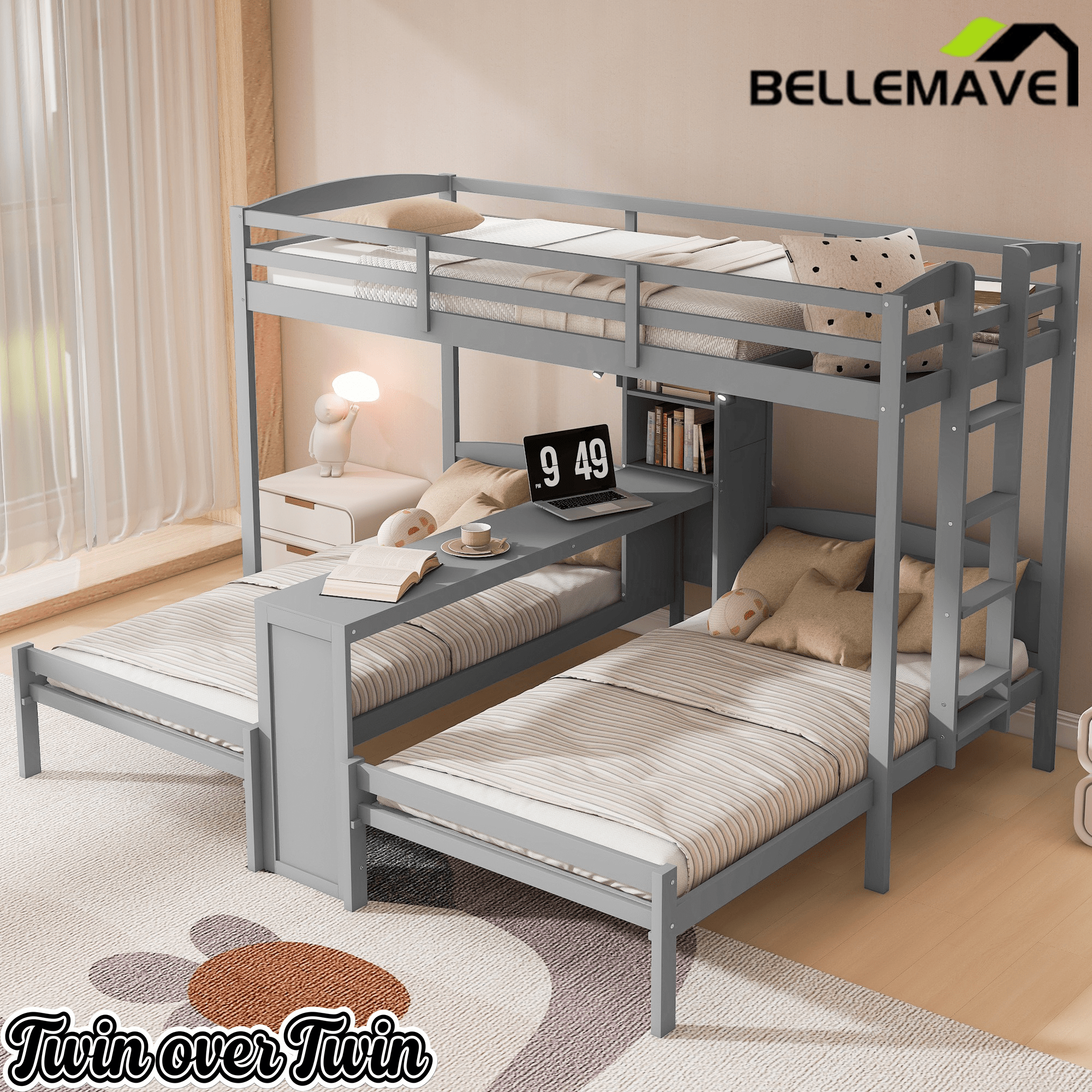 Bellemave® Twin Over Twin Bunk Bed with Desk, Storage Shelves, Reading Lamp & Guardrails | Solid Wood Triple Bunk Bed - Bellemave