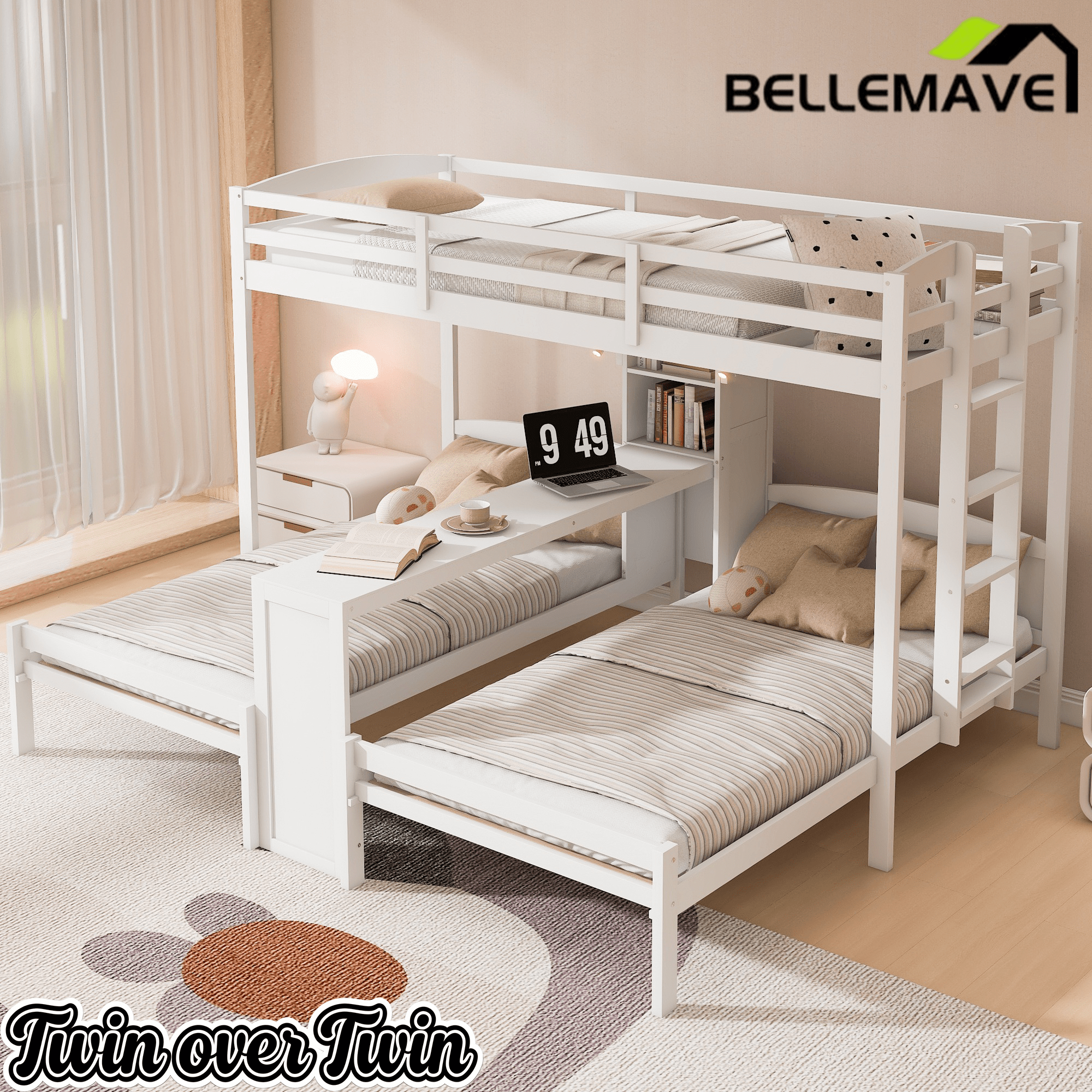 Bellemave® Twin Over Twin Bunk Bed with Desk, Storage Shelves, Reading Lamp & Guardrails | Solid Wood Triple Bunk Bed - Bellemave
