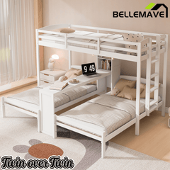 Bellemave® Twin Over Twin Bunk Bed with Desk, Storage Shelves, Reading Lamp & Guardrails | Solid Wood Triple Bunk Bed - Bellemave