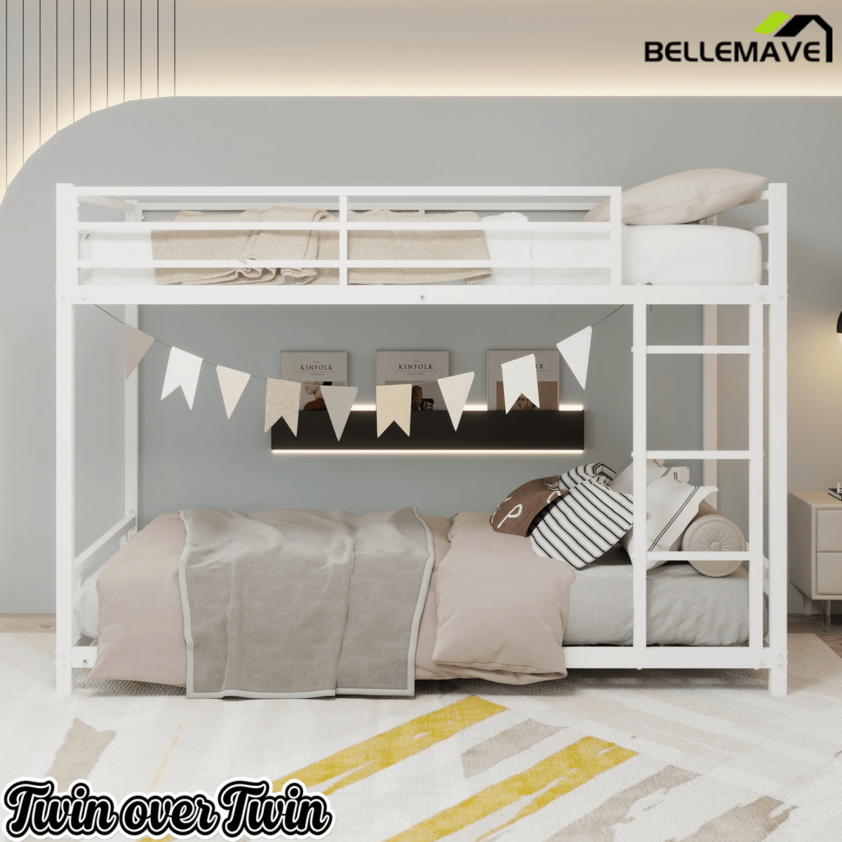 Bellemave® Twin Over Twin Bunk Bed with Ladder, High Guardrail & Slats - Bellemave