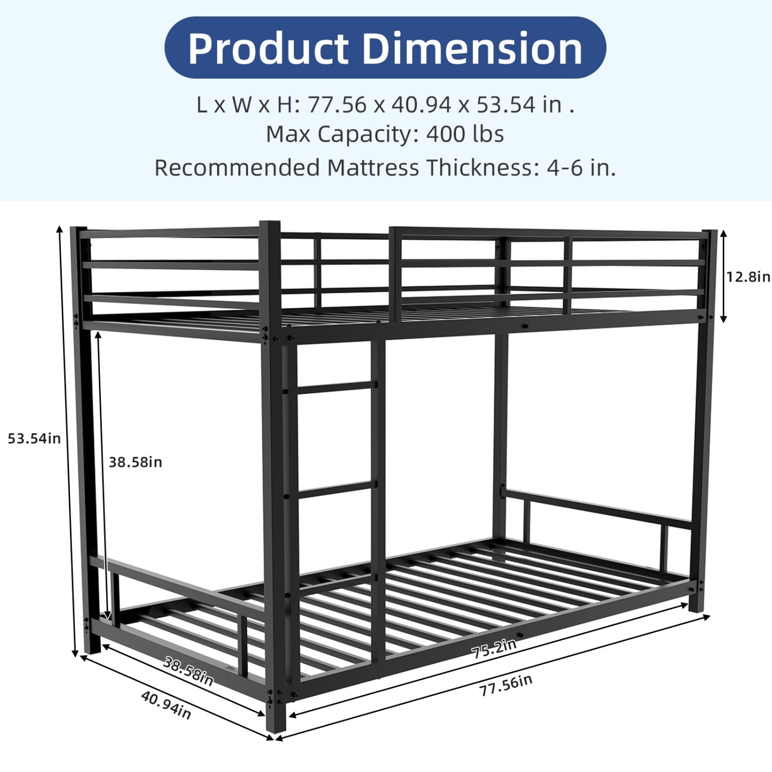 Bellemave® Twin Over Twin Bunk Bed with Ladder, High Guardrail & Slats - Bellemave