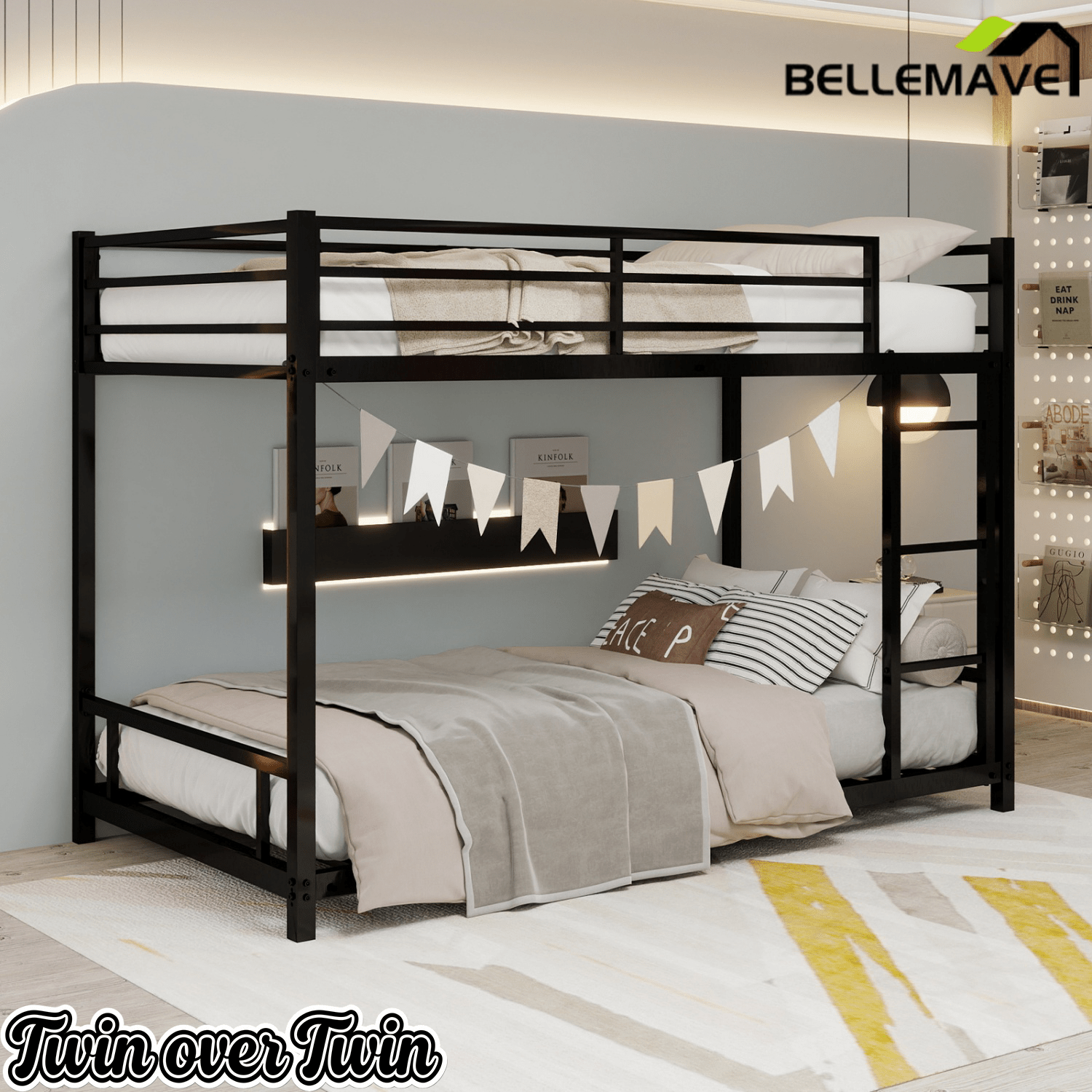 Bellemave® Twin Over Twin Bunk Bed with Ladder, High Guardrail & Slats - Bellemave