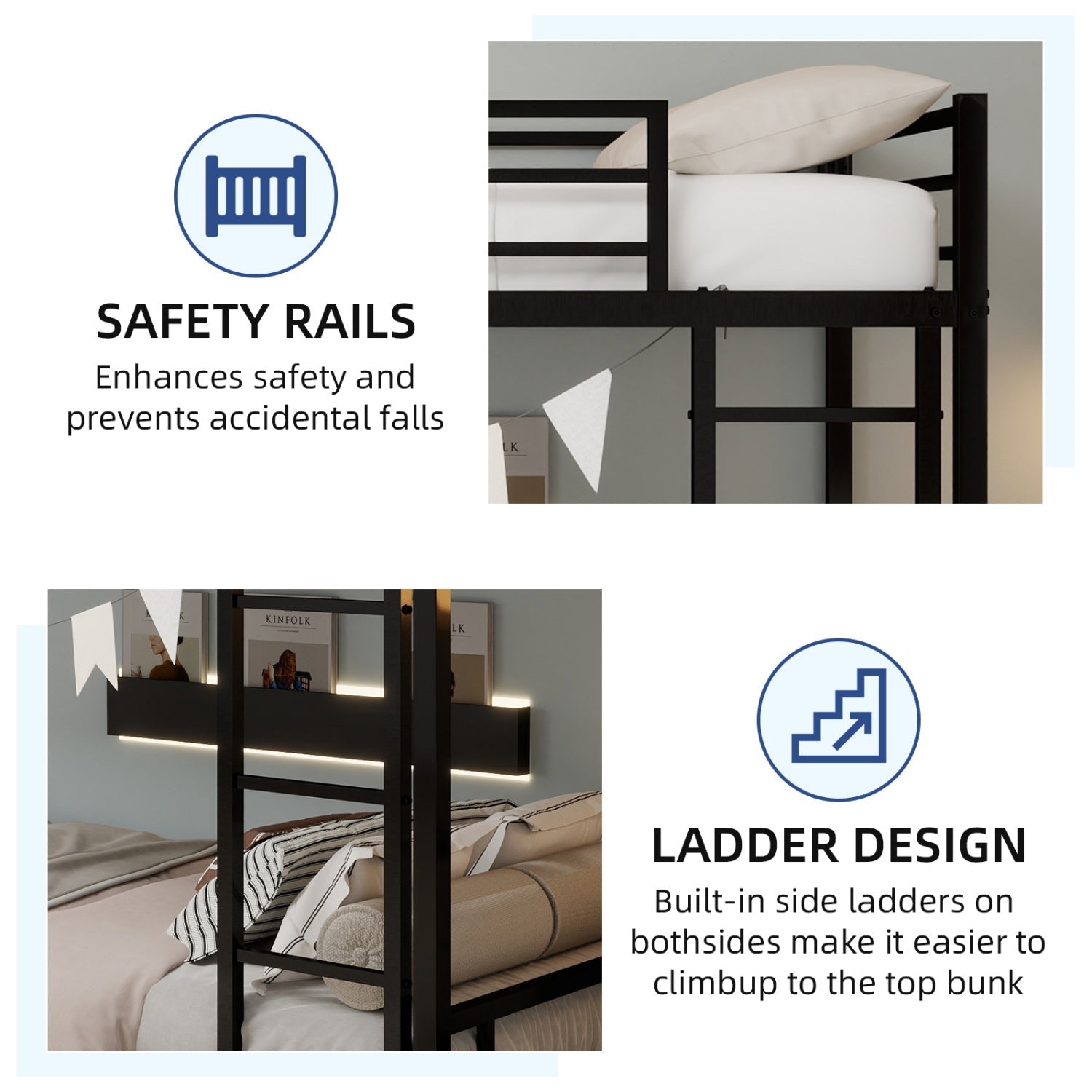 Bellemave® Twin Over Twin Bunk Bed with Ladder, High Guardrail & Slats - Bellemave