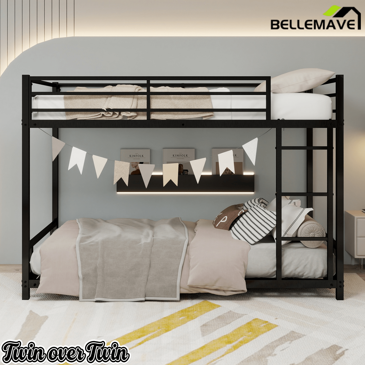 Bellemave® Twin Over Twin Bunk Bed with Ladder, High Guardrail & Slats - Bellemave
