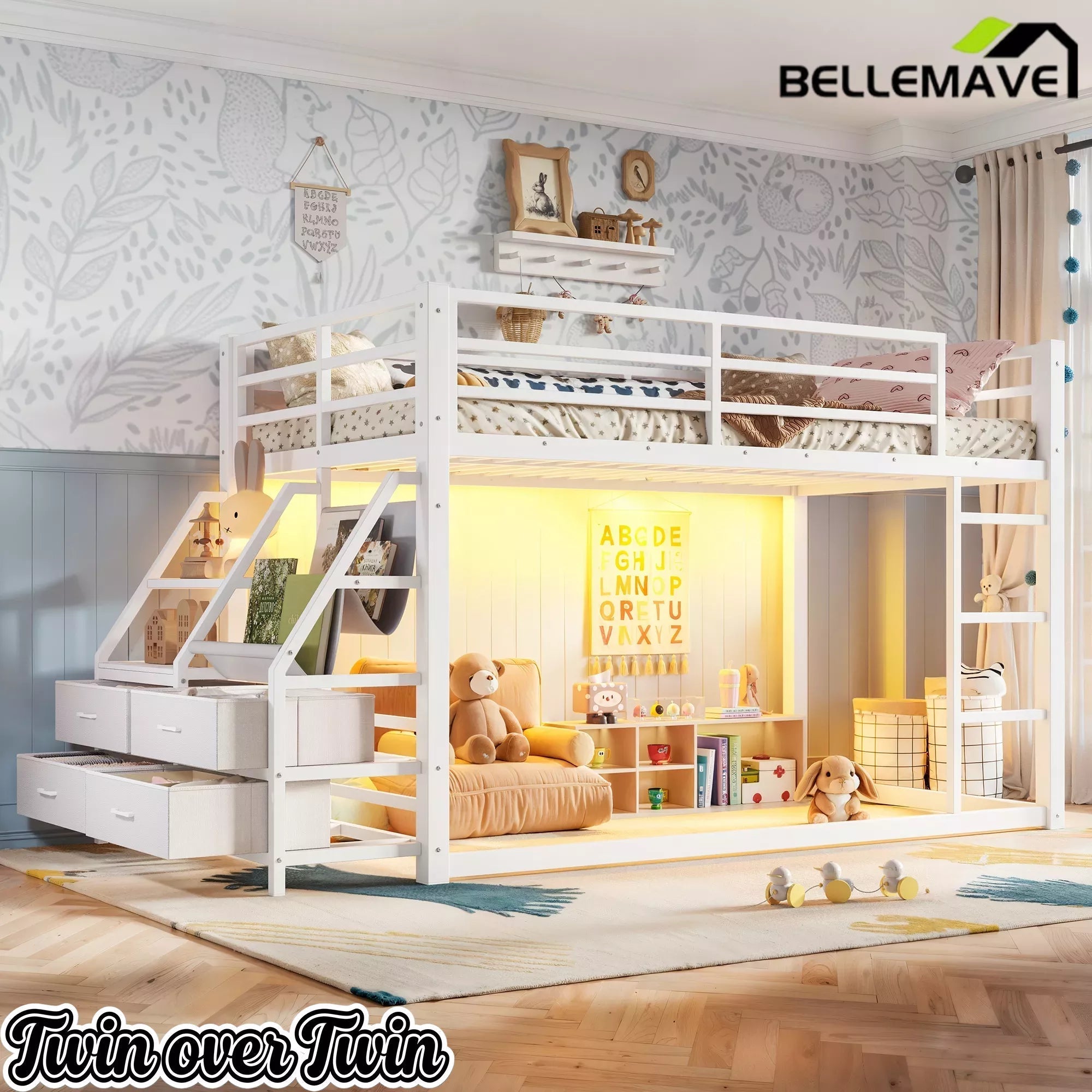 Bellemave® Twin over Twin Bunk Bed with LED, Storage Shelves & Drawer, Metal Floor Bunk Bed for Kids - Bellemave