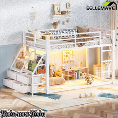 Bellemave® Twin over Twin Bunk Bed with LED, Storage Shelves & Drawer, Metal Floor Bunk Bed for Kids - Bellemave