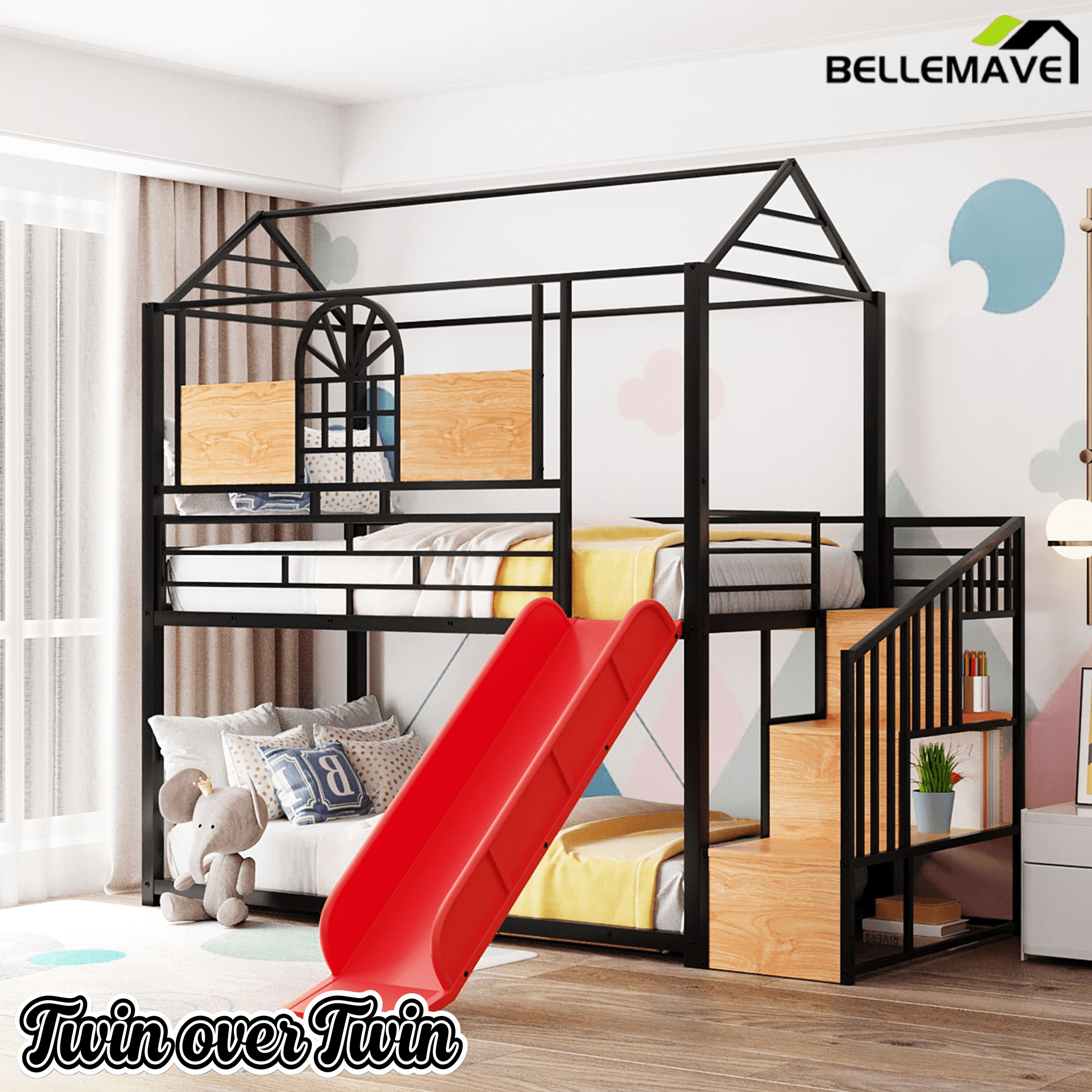 Bellemave® Twin Over Twin Bunk Bed with Slide, House Floor Bunk Bed with Storage Stairs and Shelves - Bellemave