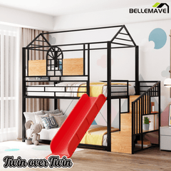 Bellemave® Twin Over Twin Bunk Bed with Slide, House Floor Bunk Bed with Storage Stairs and Shelves - Bellemave