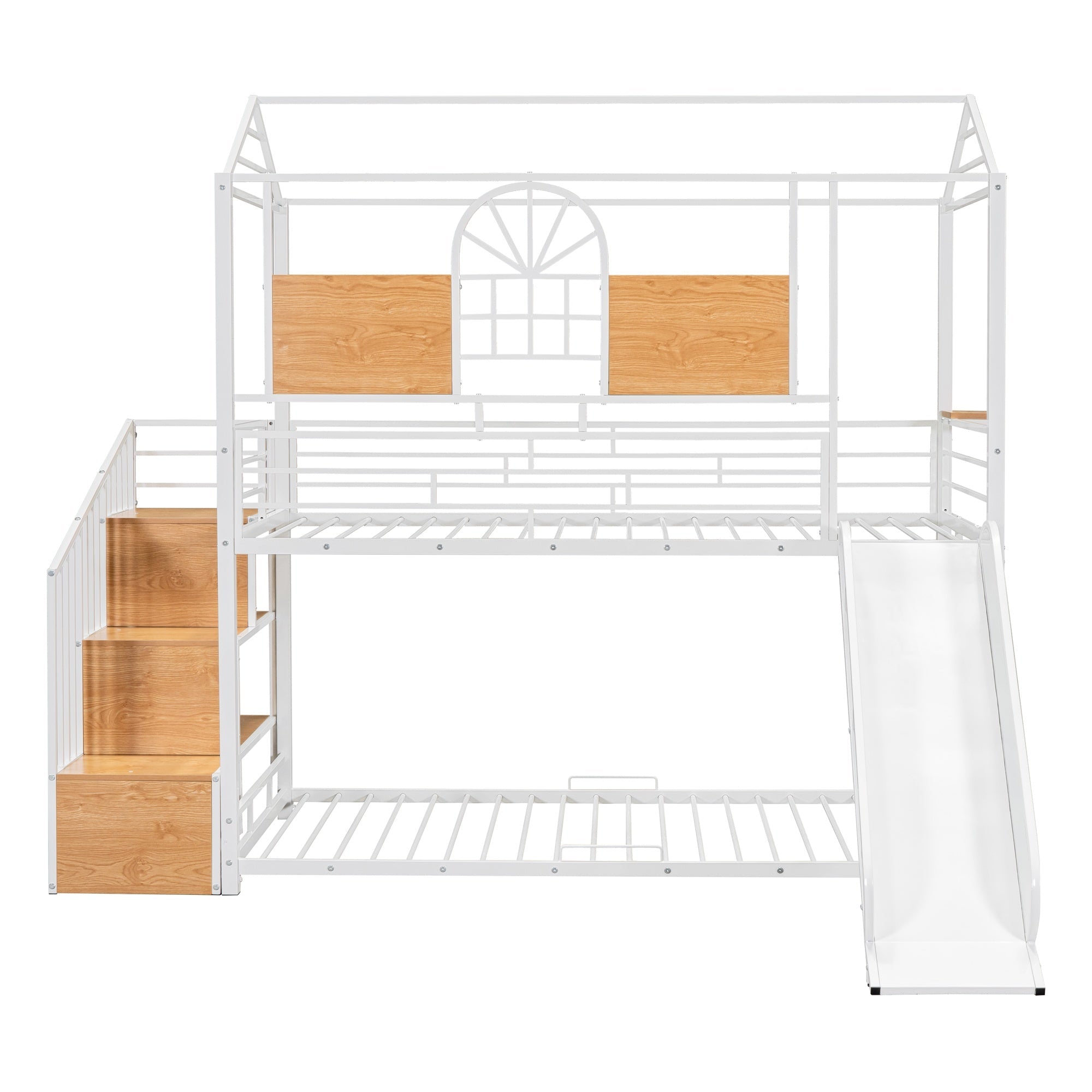 Bellemave® Twin Over Twin Bunk Bed with Slide, House Floor Bunk Bed with Storage Stairs and Shelves - Bellemave