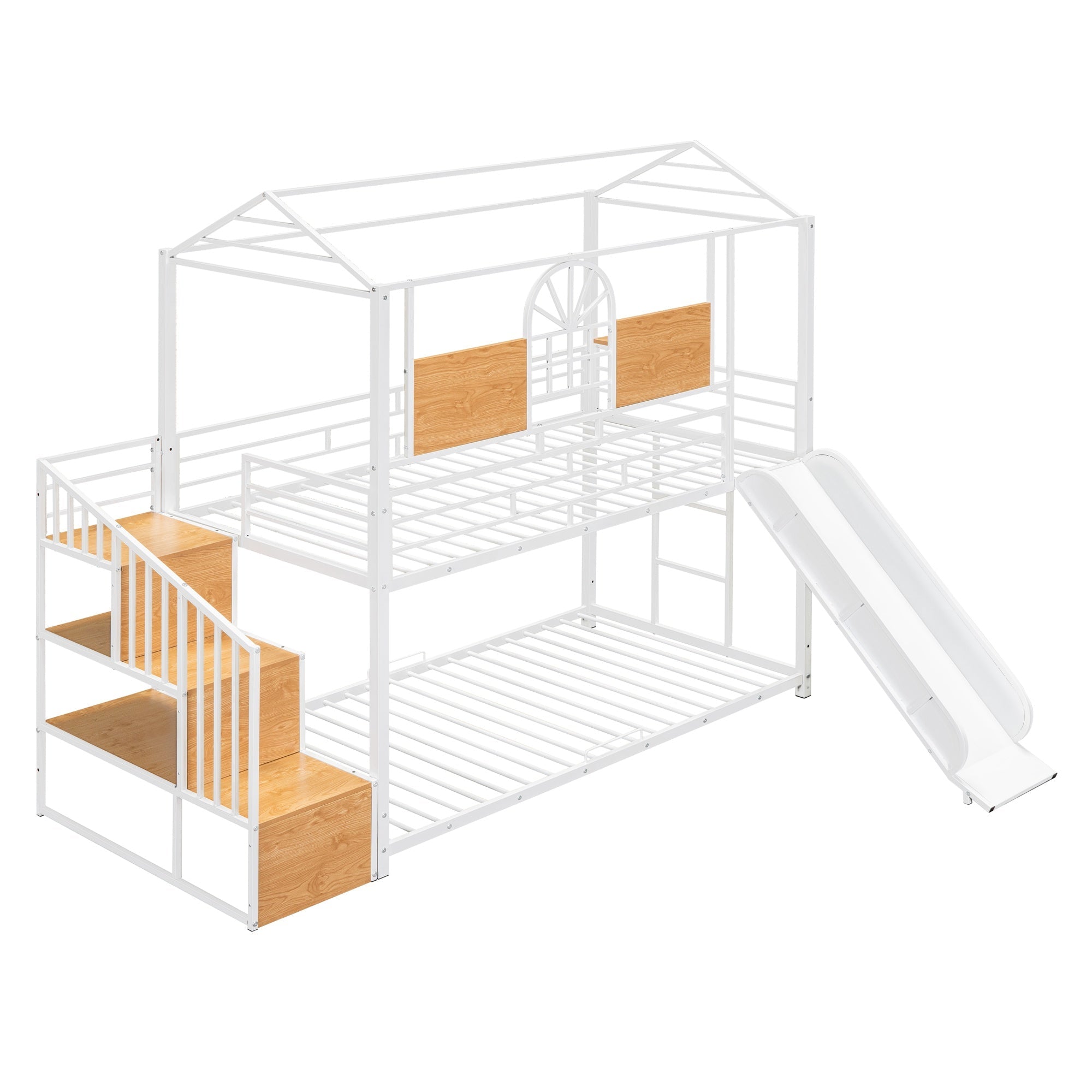 Bellemave® Twin Over Twin Bunk Bed with Slide, House Floor Bunk Bed with Storage Stairs and Shelves - Bellemave