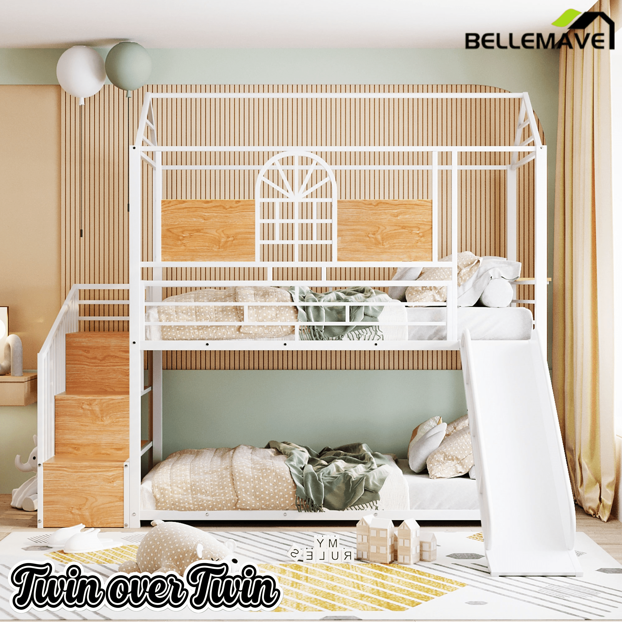 Bellemave® Twin Over Twin Bunk Bed with Slide, House Floor Bunk Bed with Storage Stairs and Shelves - Bellemave