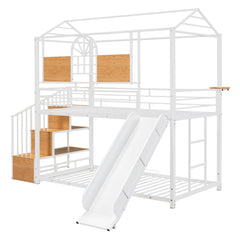 Bellemave® Twin Over Twin Bunk Bed with Slide, House Floor Bunk Bed with Storage Stairs and Shelves - Bellemave